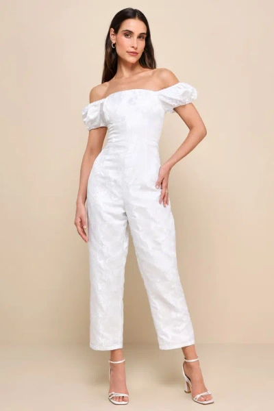 Lulus Redefined Class White Floral Jacquard Off-the-shoulder Jumpsuit