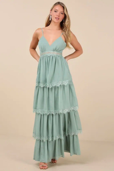 Lulus Reed Sage Tiered Lace Maxi Dress In Green