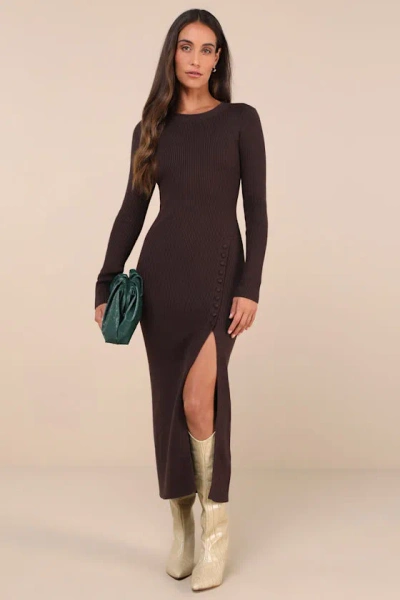 Lulus Refined Attitude Brown Ribbed Side Button Midi Sweater Dress
