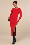 Lulus Refined Attitude Red Ribbed Side Button Midi Sweater Dress In Red