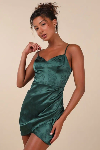 Lulus Refined Delight Emerald Satin Jacquard Tulip Mini Dress In Green