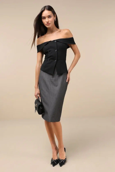 Lulus Refined Element Grey Pinstriped High-rise Midi Skirt