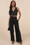 Lulus Refined Essence Black Eyelash Lace Wide-leg Trouser Pants In Black