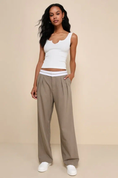 Lulus Refined Mood Taupe And White Straight Leg Trouser Pants