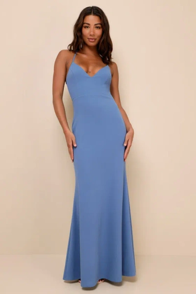 Lulus Refined Poise Slate Blue Sheer Lace Sleeveless Maxi Dress