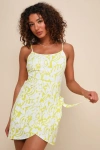 Lulus Refreshing Getaway White And Lime Green Abstract Wrap Mini Dress In White