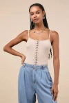 Lulus Refreshing Update Beige Ribbed Lace-up Sleeveless Bodysuit In Beige
