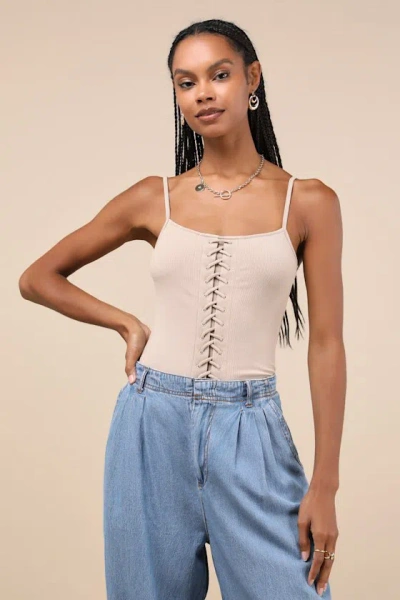 Lulus Refreshing Update Beige Ribbed Lace-up Sleeveless Bodysuit