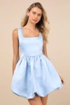 Lulus Regal Cutie Light Blue Satin Square Neck Bubble-hem Mini Dress In Light Blue