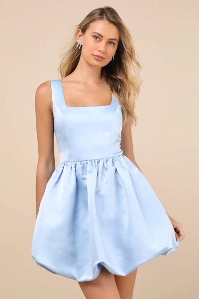 Lulus Regal Cutie Light Blue Satin Square Neck Bubble-hem Mini Dress