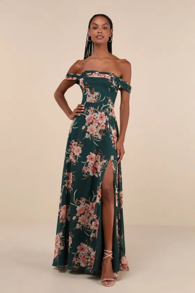 Lulus Regal Finesse Emerald Green Floral Off-the-shoulder Maxi Dress