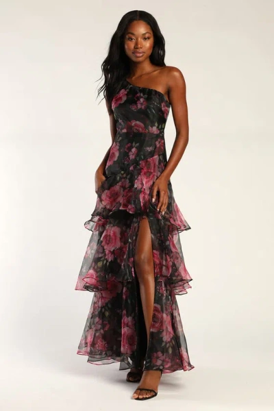 Lulus Regal Florals Black Floral Print Organza Tiered Maxi Dress