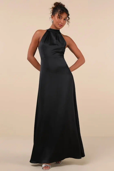 Lulus Regal Loveliness Black Satin Pleated Mock Neck Maxi Dress