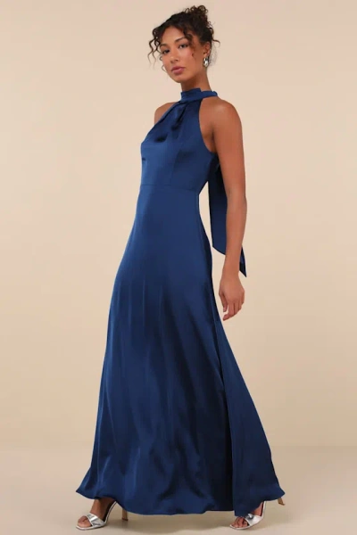 Lulus Regal Loveliness Blue Satin Pleated Mock Neck Maxi Dress
