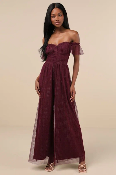 Lulus Regal Radiance Plum Purple Swiss Dot Mesh Wide-leg Jumpsuit