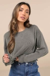 Lulus Relaxed Attitude Olive Textured Ribbed Long Sleeve Crop Top In Green