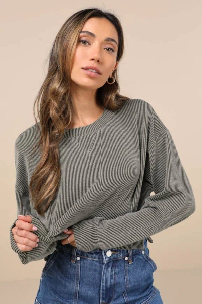 Lulus Relaxed Attitude Olive Textured Ribbed Long Sleeve Crop Top In Green
