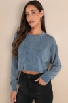Lulus Relaxed Attitude Slate Blue Textured Ribbed Long Sleeve Crop Top In Slate Blue