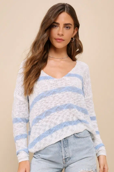 Lulus Relaxed Essence White And Blue Striped Loose Knit Sweater Top