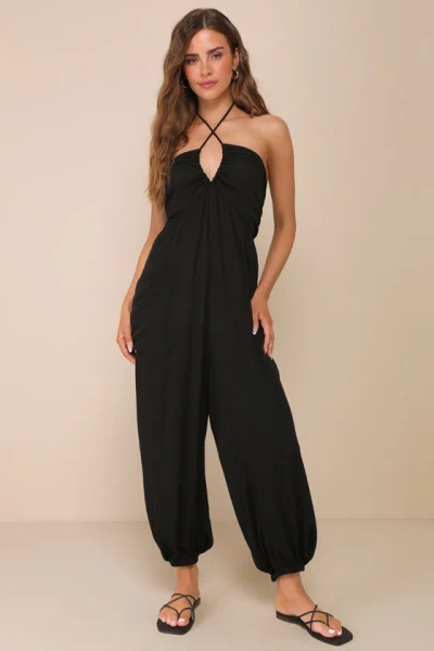 Lulus Relaxed Perfection Black Cutout Halter Jogger Jumpsuit