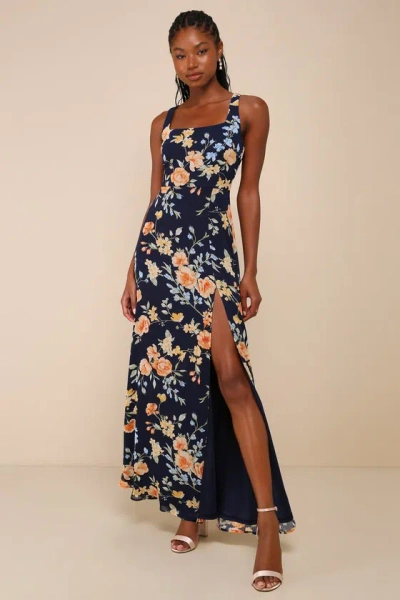 Lulus Remarkable Arrival Navy Blue Floral Sleeveless Maxi Dress