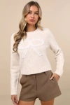 Lulus Remarkable Delight Cream Lace Bow Pullover Sweater In Beige