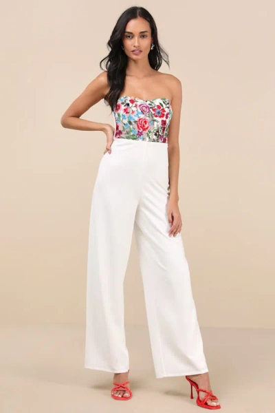 Lulus Remarkable Energy White Floral Embroidered Strapless Jumpsuit