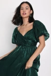 Lulus Remarkable Sensation Emerald Green Puff Sleeve Tiered Midi Dress In Emerald Green