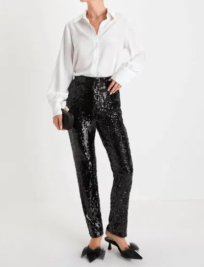 LULUS REMARKABLE SHINE NOTCHED HIGH-RISE PANTS IN SHINE BLACK SEQUIN
