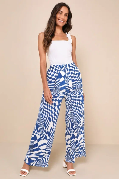 Lulus Remarkable Vibe Blue And White Abstract Plisse Wide-leg Pants