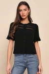 Lulus Remarkably Charismatic Black Lace Short Sleeve Button-up Top In Black