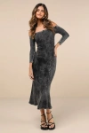 Lulus Remarkably Cool Washed Black Ribbed Off-the-shoulder Midi Dress In Black