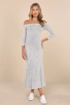 Lulus Remarkably Cool Washed Grey Ribbed Off-the-shoulder Midi Dress In Washed Grey