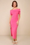 Lulus Remarkably Flirty Ribbed Off-the-shoulder Bodycon Midi Dress In Pink