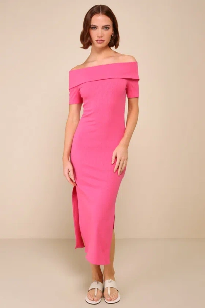 Lulus Remarkably Flirty Ribbed Off-the-shoulder Bodycon Midi Dress In Pink