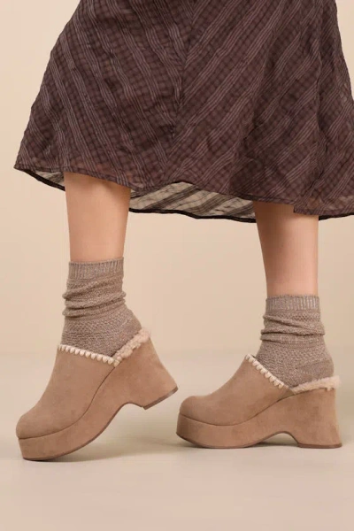 Lulus Remeena Mushroom Suede Platform Clogs In Taupe