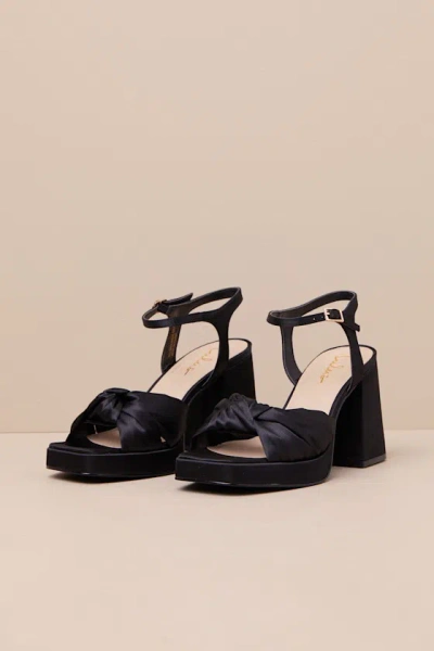 Lulus Remie Black Satin Knotted Platform High Heel Sandals