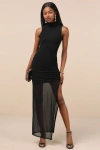 Lulus Renowned Glamour Black Mesh Mock Neck Maxi Dress In Black