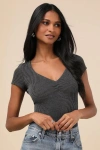 Lulus Required Style Charcoal Textured Ribbed Ruched Bodysuit In Black