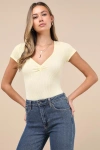 Lulus Required Style Pale Yellow Textured Ribbed Ruched Bodysuit In Yellow
