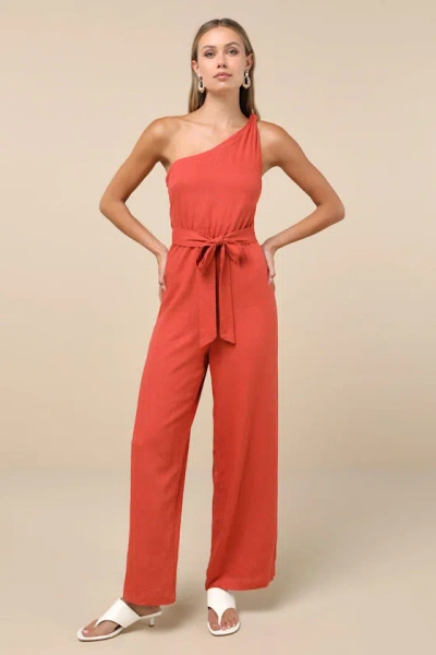 Lulus Revered Chicness Rust Red Linen One-shoulder Jumpsuit