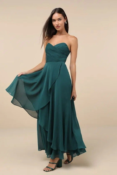 Lulus Revered Elegance Emerald Green Pleated Strapless Maxi Dress