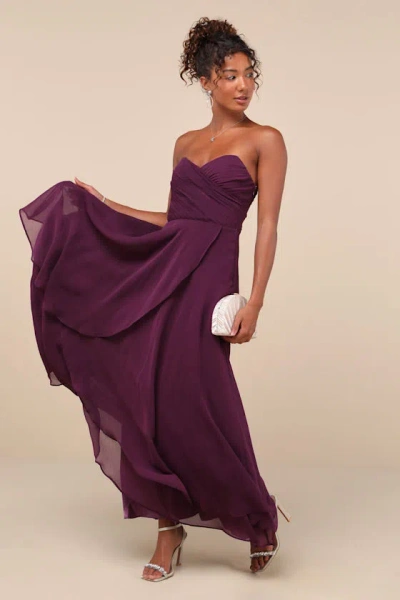 Lulus Revered Elegance Purple Pleated Strapless Maxi Dress
