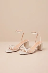 Lulus Rezzy Champagne Satin Bow Ankle Strap High Heel Sandals In Champagne