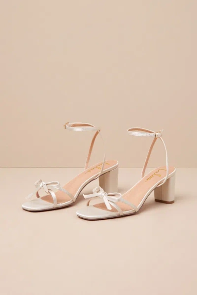 Lulus Rezzy Champagne Satin Bow Ankle Strap High Heel Sandals