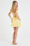 Lulus Rhylee Light Yellow Satin Lace-up Off-the-shoulder Mini Dress In Yellow