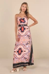 Lulus Rich Demeanor Pink Multi Abstract Backless Buckle Maxi Dress In Pink