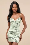 Lulus Riveting Shine Light Sage Green Lace Sequin Lace-up Mini Dress In Light Sage