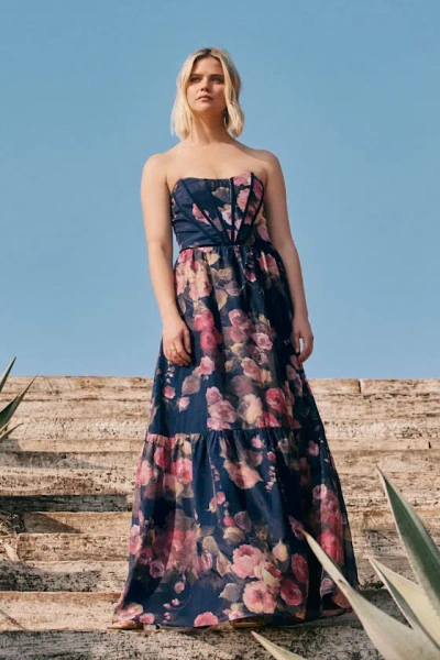 Lulus Roane Navy Floral Organza Bustier Maxi Dress