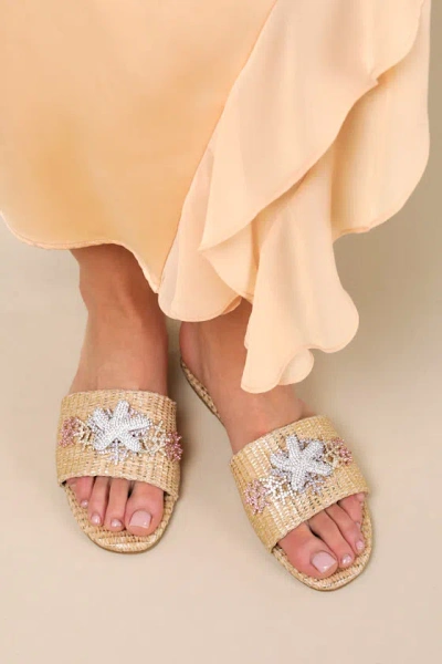 Lulus Robinna Natural Raffia Rhinestone Flat Slide Sandals